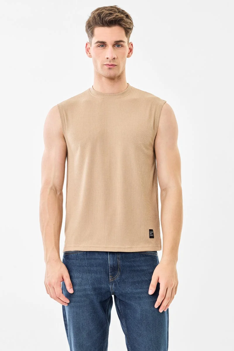 Beige Ribbed Sleeveless Slim Fit T-Shirt