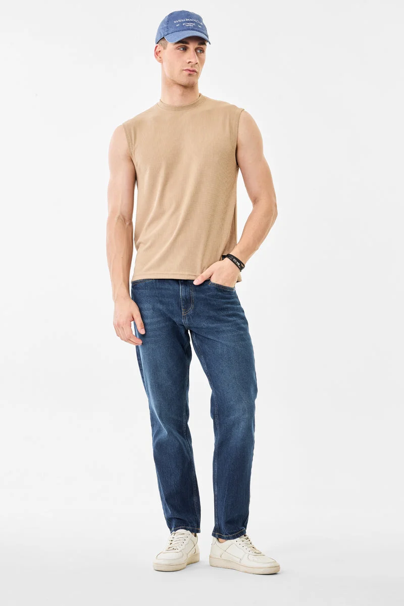 SNITCH Beige Beige Ribbed Sleeveless Slim Fit T-Shirt for Men | Best Price UAE