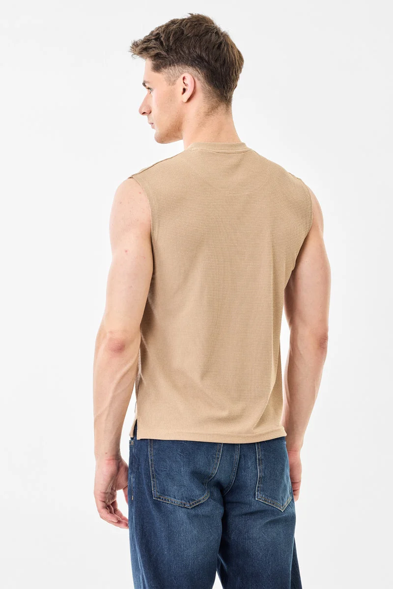 SNITCH Beige Beige Ribbed Sleeveless Slim Fit T-Shirt for Men | Best Price UAE