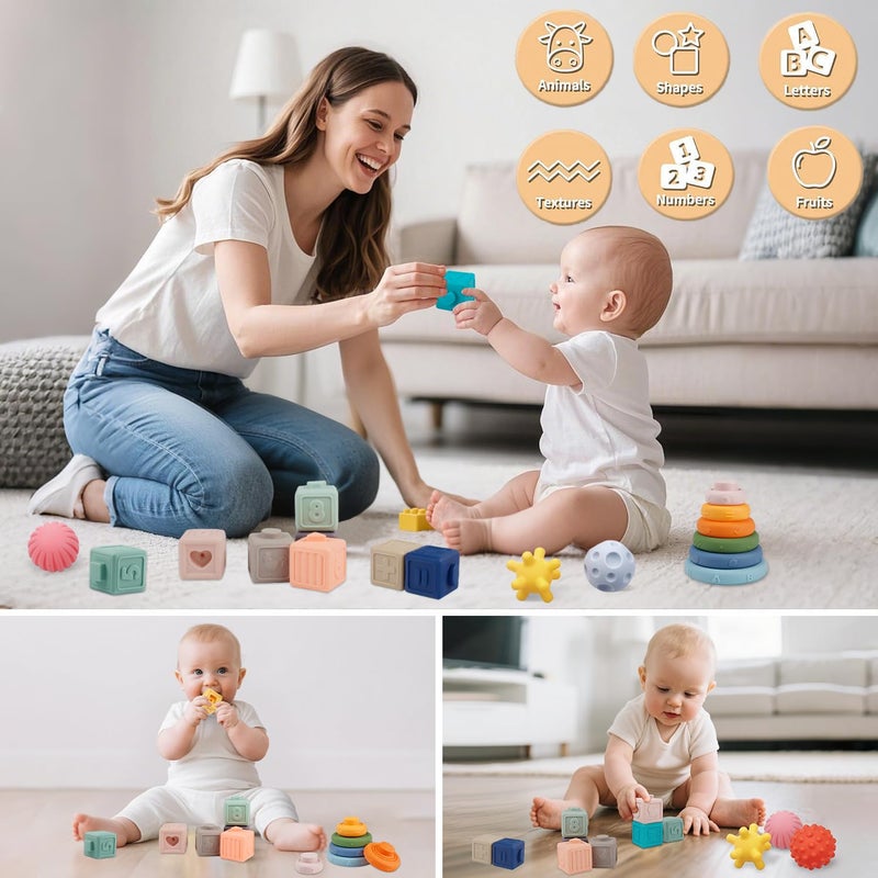 Weilim Montessori Toys Soft Stacking Building Blocks Rings Balls Sets 3 in 1 Baby Toys Bundle for Babies Sensory for Toddlers Teething Bath for Infants Learning Education Toy - Image 5