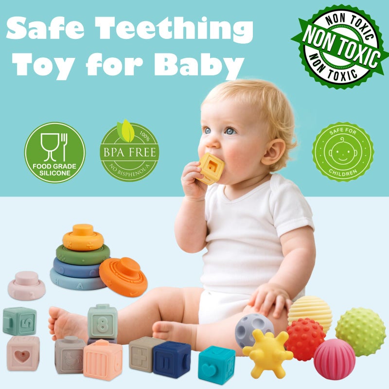 Weilim Montessori Toys Soft Stacking Building Blocks Rings Balls Sets 3 in 1 Baby Toys Bundle for Babies Sensory for Toddlers Teething Bath for Infants Learning Education Toy - Image 4