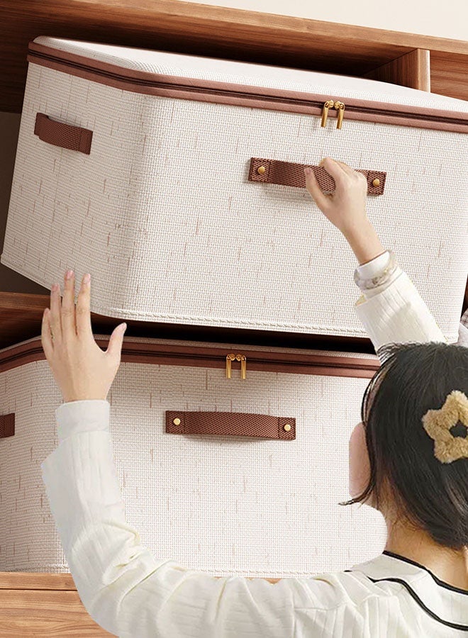 Hanayo 2 Pack Clothes Storage Boxes Foldable Two-way Zipper Clothes Storage Bag Wardrobe Storage Box Portable Storage Bag Winter Quilt Storage Box for Comforters Blankets Bedding Toys Books Clothes Sweaters(Beige) - Image 3