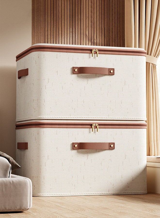 Hanayo 2 Pack Clothes Storage Boxes Foldable Two-way Zipper Clothes Storage Bag Wardrobe Storage Box Portable Storage Bag Winter Quilt Storage Box for Comforters Blankets Bedding Toys Books Clothes Sweaters(Beige) - Image 2