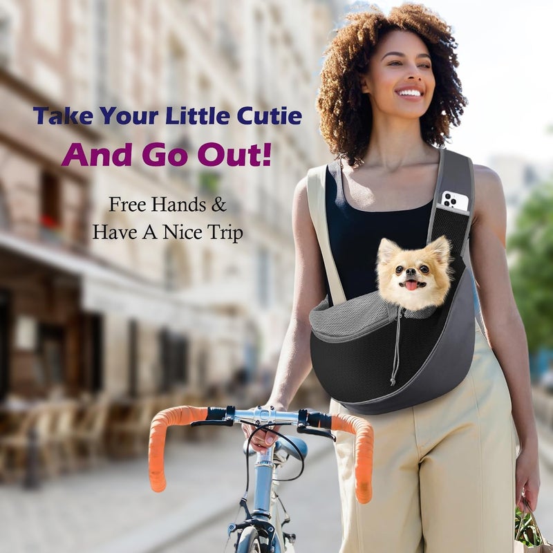 Masroo Pet Dog Sling Carrier, Hand Free Drawstring Dog Papoose with Adjustable Strap, Breathable Mesh Bag for Puppy Cat, Crossbody Satchel Dog Purse with Pocket for Outdoor, Dark Gray+Black - Image 2