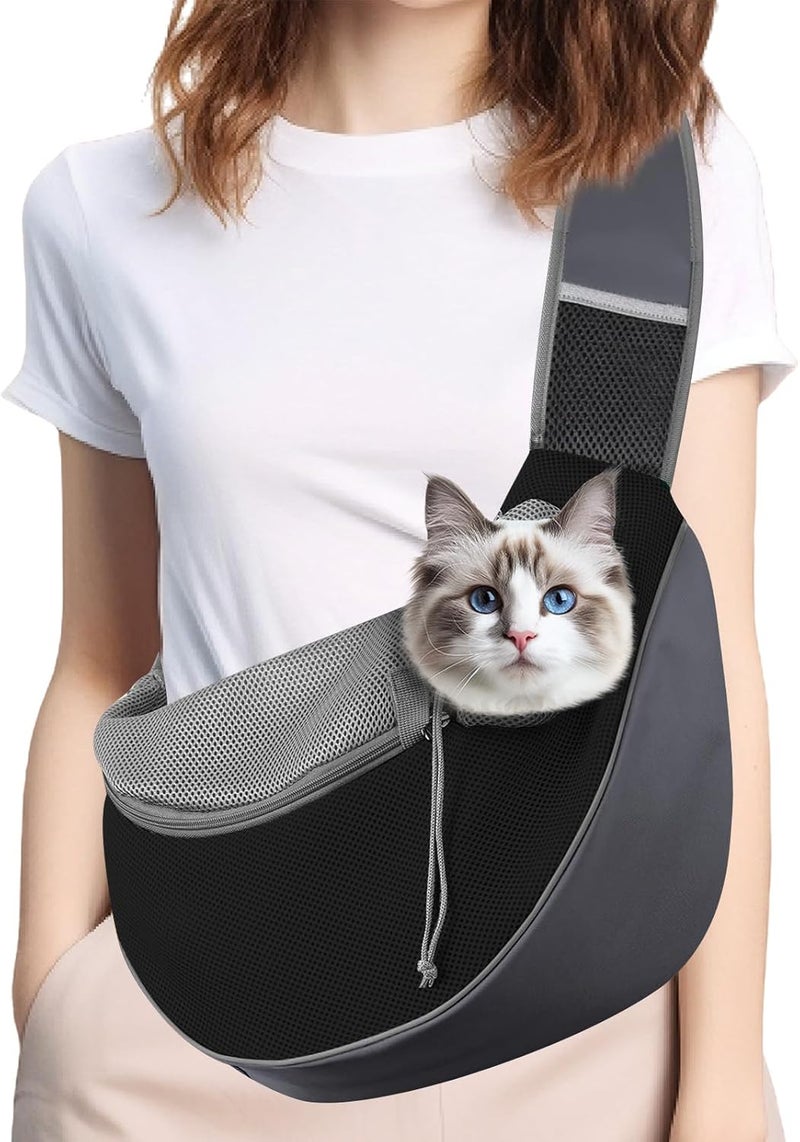 Masroo Pet Dog Sling Carrier, Hand Free Drawstring Dog Papoose with Adjustable Strap, Breathable Mesh Bag for Puppy Cat, Crossbody Satchel Dog Purse with Pocket for Outdoor, Dark Gray+Black - Image 1