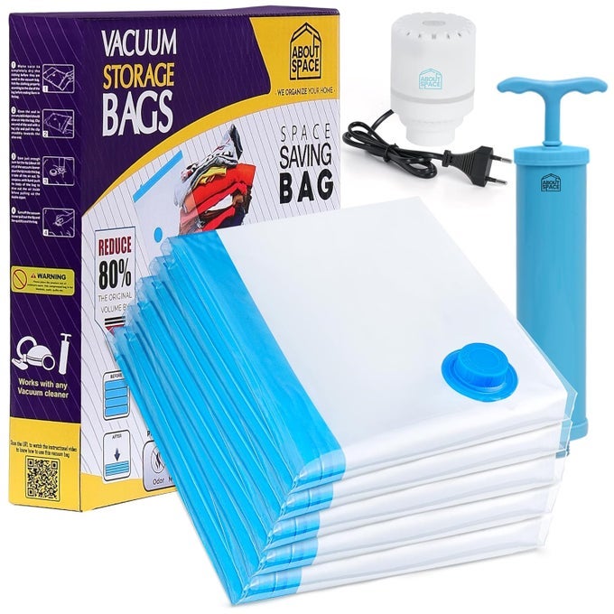 5 LARGE VACUUM BAGS FOR TRAVEL WITH ELECTRIC PUMP AND HAND PUMP AIRTIGHT POLYETHYLENE REUSABLE SPACE SAVER COMPRESSION STORAGE BAGS FOR PACKING VACCINE SEALER BAGS FOR BLANKET BLUE