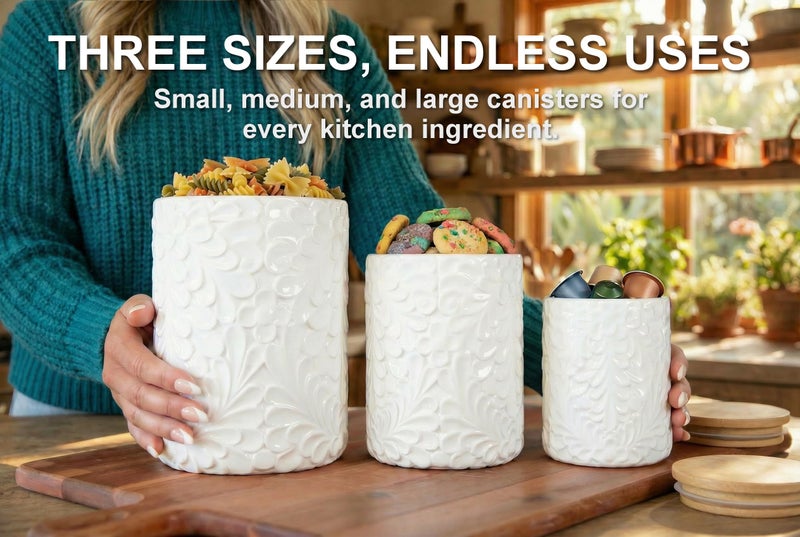 25DOL Engraved Design Kitchen Canisters Set of 3 with 74 Oz, 36 Oz, and 18 Oz - White Storage Jars for Countertop with Airtight Bamboo Lids - Large Flour Tea Coffee Sugar Spices Container - Decorative - Image 3
