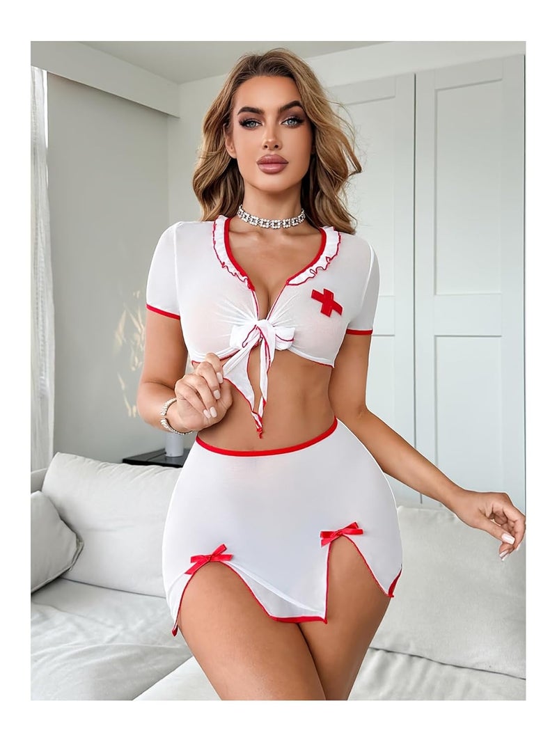 RioDebella Women’s Stylish Nurse Costume Lingerie Set with Bow Detail | Soft Stretch Babydoll for Special Nights - Image 3