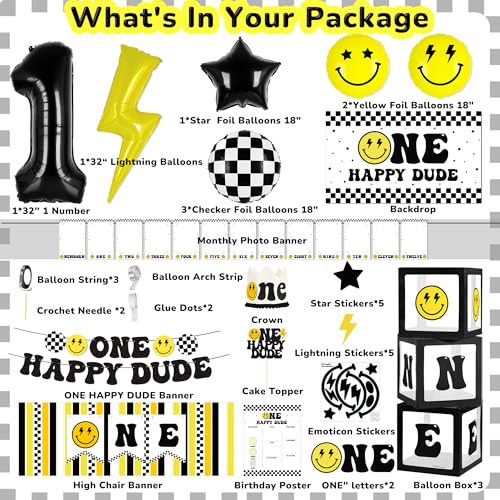 Kriyokiaa One Happy Dude 1st Birthday Decorations for Boy Smile Face Balloons Arch High Chair Banner Backdrop Birthday Party Supplies Backdrops - Image 5