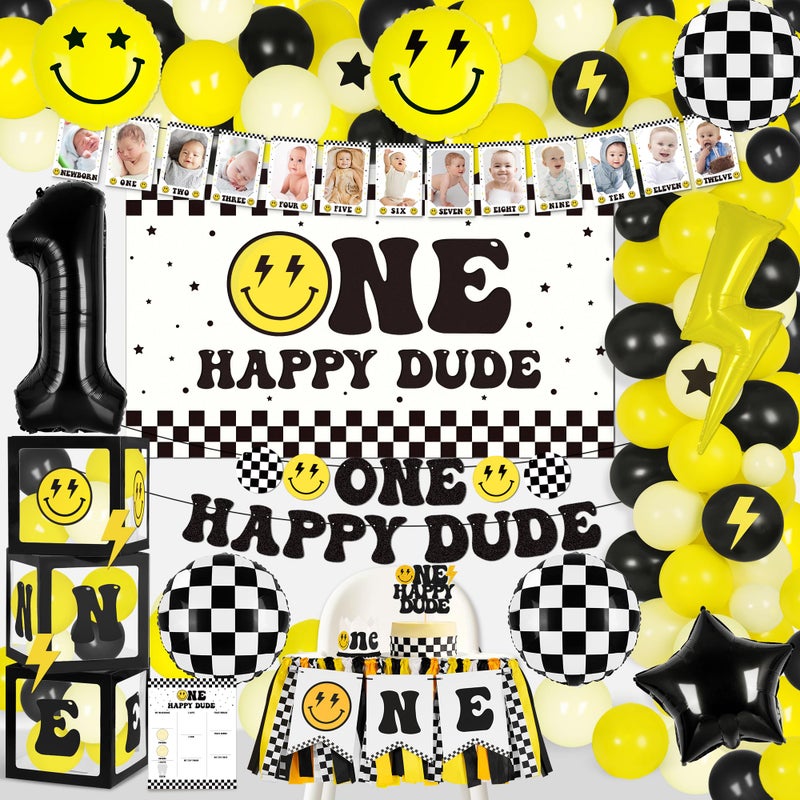 Kriyokiaa One Happy Dude 1st Birthday Decorations for Boy Smile Face Balloons Arch High Chair Banner Backdrop Birthday Party Supplies Backdrops - Image 3