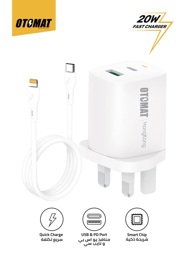 OTOMAT 20W PD Fast Charger with Dual Port (USB + Type-C) and Type-C to Lightning Cable – High-Speed Charging for iPhone, Android, Power Banks, and More – Black - Image 1