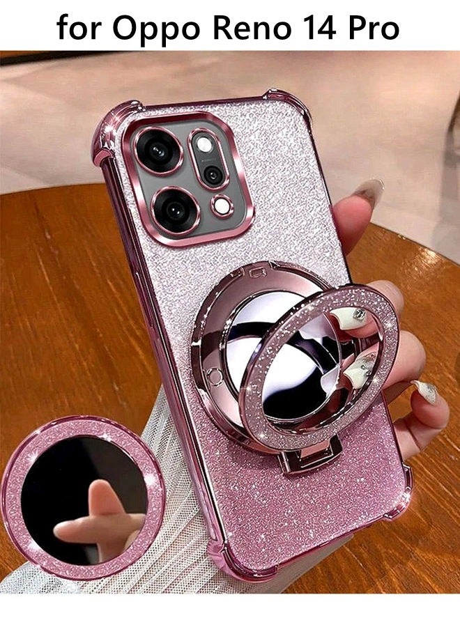Magnetic Glitter Case for Oppo Reno 14 Pro ，Bling Camera Lens Protector，Sparkly Stand，Makeup Mirror，Support Wireless Charging， Luxury Gradient Shockproof Oppo Reno 14 Pro Cover，Pink - Image 1