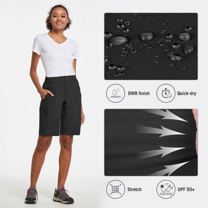 baleaf Women's Long Hiking Bermuda Shorts 10" Quick Dry Stretch Golf Shorts with Pockets UPF 50+ for Camping, Work Black Size L - Image 3