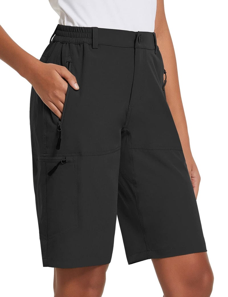baleaf Women's Long Hiking Bermuda Shorts 10" Quick Dry Stretch Golf Shorts with Pockets UPF 50+ for Camping, Work Black Size L - Image 1