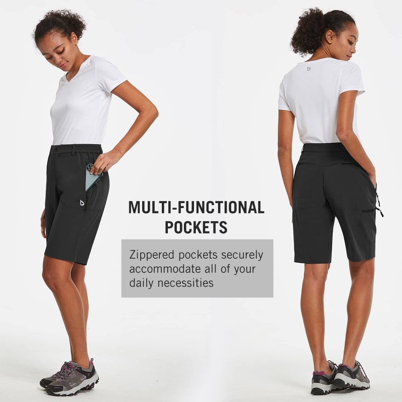 baleaf Women's Long Hiking Bermuda Shorts 10" Quick Dry Stretch Golf Shorts with Pockets UPF 50+ for Camping, Work Black Size L - Image 4