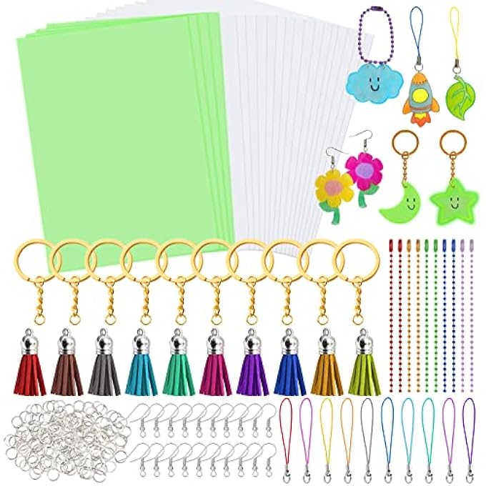 280 PCS HEAT SHRINK PLASTIC SHEET KIT, 4 LUMINOUS SHEETS, 16 SHRINKY ART PAPERS, 260 ACCESSORIES, DIY ORNAMENTS, EARRINGS, PENDANTS, CRAFT - Image 2