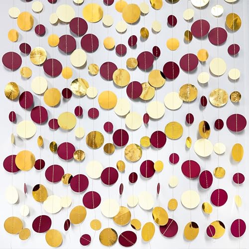 pinkblume 46 Ft Maroon Gold Party Decorations Burgundy Gold Beige Polka Dot Garland Hanging Paper Circle Dots Streamer for Maroon Garnet Graduation Birthday Anniversary Wedding Bridal Shower Party Supplies - Image 3