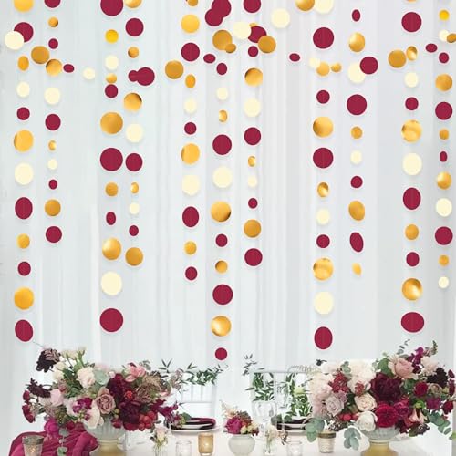 pinkblume 46 Ft Maroon Gold Party Decorations Burgundy Gold Beige Polka Dot Garland Hanging Paper Circle Dots Streamer for Maroon Garnet Graduation Birthday Anniversary Wedding Bridal Shower Party Supplies - Image 1