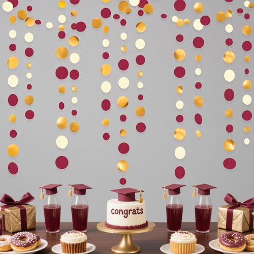 pinkblume 46 Ft Maroon Gold Party Decorations Burgundy Gold Beige Polka Dot Garland Hanging Paper Circle Dots Streamer for Maroon Garnet Graduation Birthday Anniversary Wedding Bridal Shower Party Supplies - Image 5