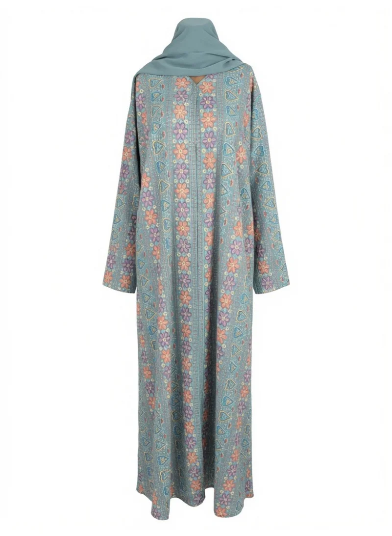 Amnad International Kashmiri Embroidered Chiffon Abaya for Women with Matching Hijab, Full Length Floral Design, Sizes 52-60 inches