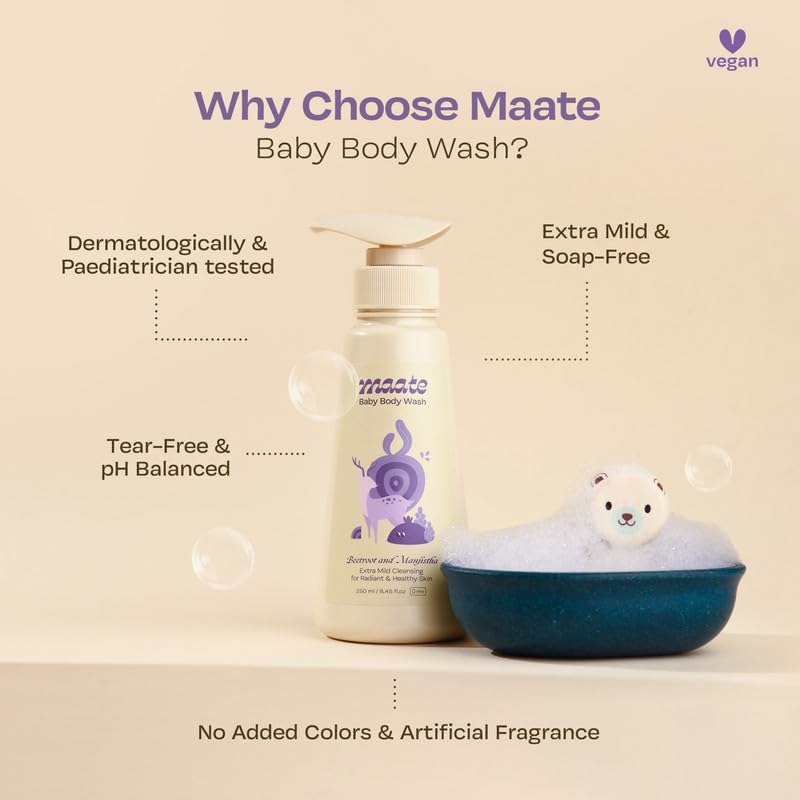 Maate Baby Body Wash | With Ayurvedic Herbs Beetroot, Manjistha & Neem extracts | Body Wash for Dry & Sensitive Skin | Natural & Vegan | Tear-free & pH Balanced | Soap Free (250ml (Pack of 2)) - Image 4