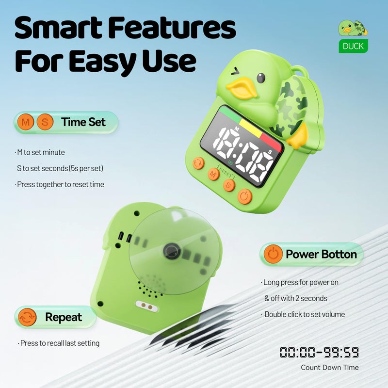 DoliWish Shower Timer Waterproof Visual Timer for Kids - 99 Min Duck Shaped Digital Toddler Timer with Color Countdown Rechargeable Potty Training Shower Clock for Bathroom Toilet & Kitchen - Image 5