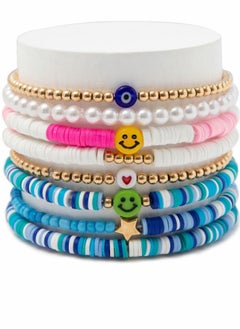 SYOSI 8 Pack Heishi Surfer Bracelets Set for Women Stackable Polymer Clay Disc Beaded Stretch Elastic Layering Friendship Boho Summer Beach Jewelry Ladies Girls  - Image 1