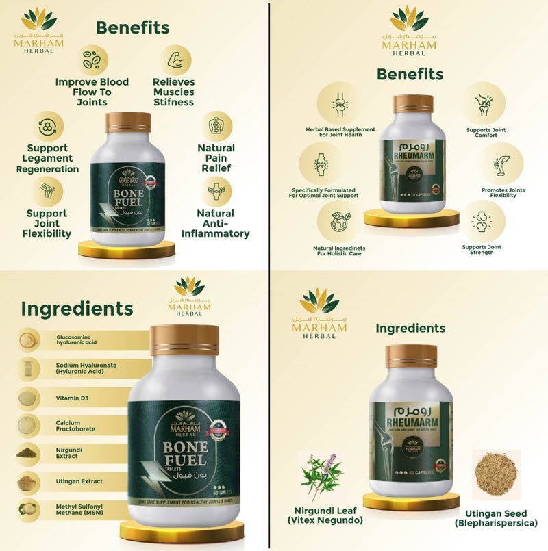 Marham Herbal Joint Care Bundle 120 Count – Rheumarm 60 Capsules + Bone Fuel 60 Tablets | Glucosamine Chondroitin MSM, Hyaluronic Acid, Calcium, Vitamin D3 | Knee Pain Relief, Arthritis Support & Bone Strength Supplement - Image 2
