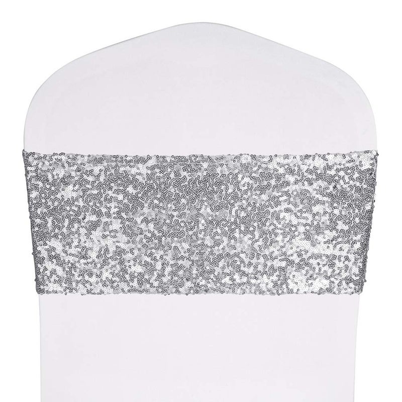 Desirable Life Pack of 50 Stretch Sequin chair Sashes chair Bands One-Sided Sequins Decor for Hotel Wedding Reception Party Event chair cover Decoration 4x16 - Silver - Image 1