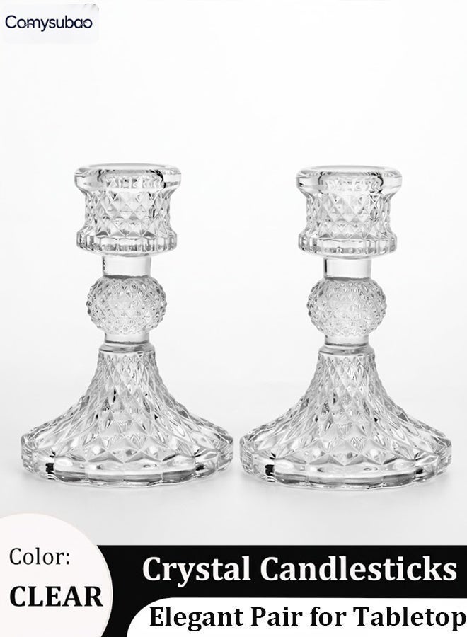 Comysubao Glass Candle Holders, Set of 2 Clear Crystal Taper Candle Holders, Modern Candle Stick Holders for Table Centerpieces, Wedding, Party, Festival, Dining Room & Home Decor - Image 1