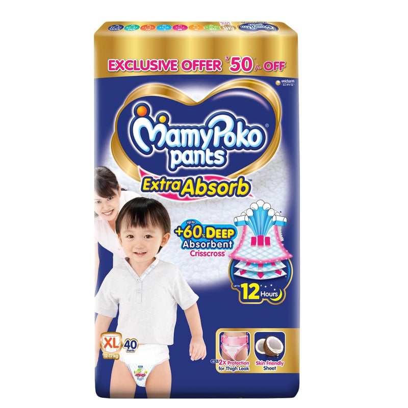 MamyPoko Pants Extra Absorb Baby Diapers, Extra Large (XL Size) | 12-17 kg | 40 Count |Deep Sleep Diapers| Soft Gentle fit |Deep Absorbent Crisscross | Skin Friendly with Coconut Oil | - Image 5