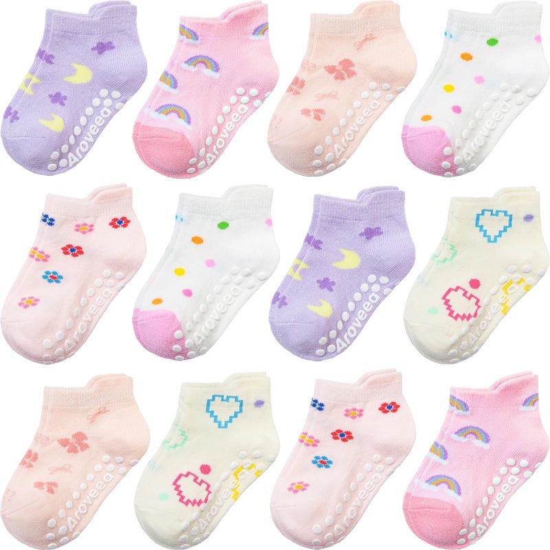 Aroveea Baby Toddler Socks Grip Non Slip Boys Girls Cotton 12 Pack for 1-3T Kids Ankle Cute Socks 6M-7Years - Image 1
