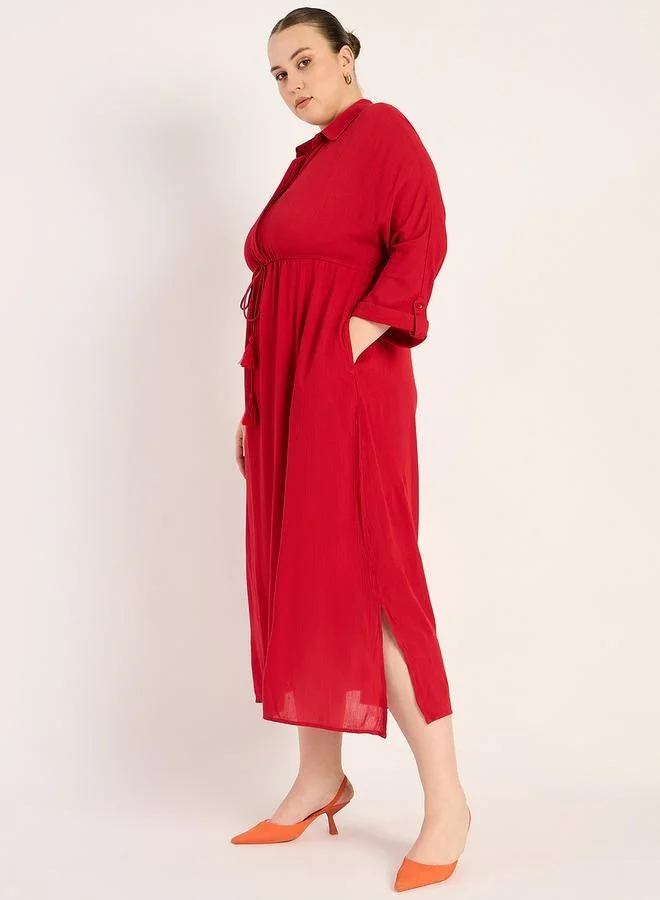 Femmella Femmella Textured Crinkled Shirt Midi Dress with Side Slit