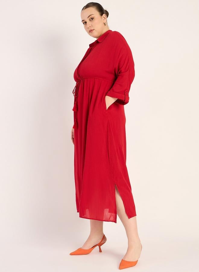 Femmella Femmella Textured Crinkled Shirt Midi Dress with Side Slit - Image 3