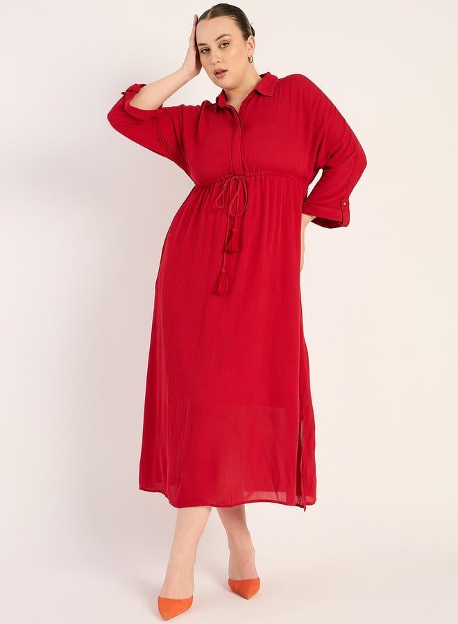Femmella Femmella Textured Crinkled Shirt Midi Dress with Side Slit - Image 1
