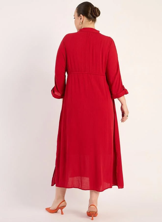 Femmella Femmella Textured Crinkled Shirt Midi Dress with Side Slit