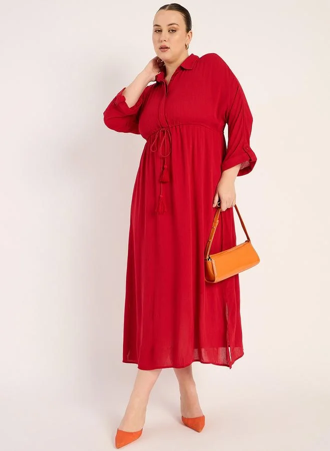 Femmella Femmella Textured Crinkled Shirt Midi Dress with Side Slit