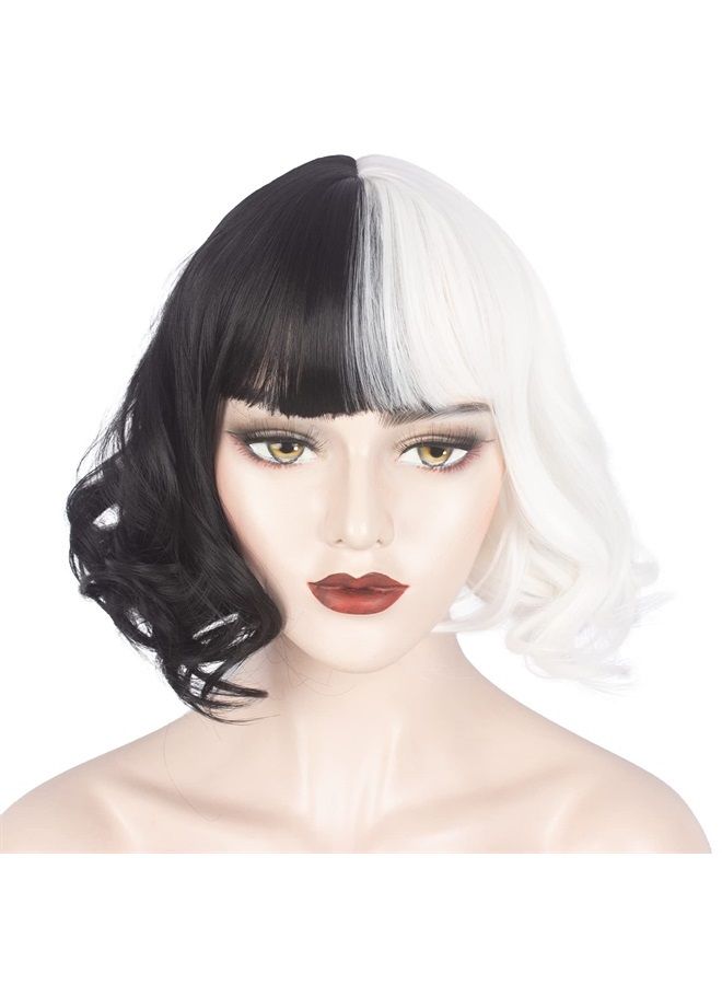 WeKen Black and White Wig for Girls Short Wavy Half Black Half White Wig with Bangs Cruella Deville Costume Women Cosplay Synthetic Wig Daily Party - Image 1