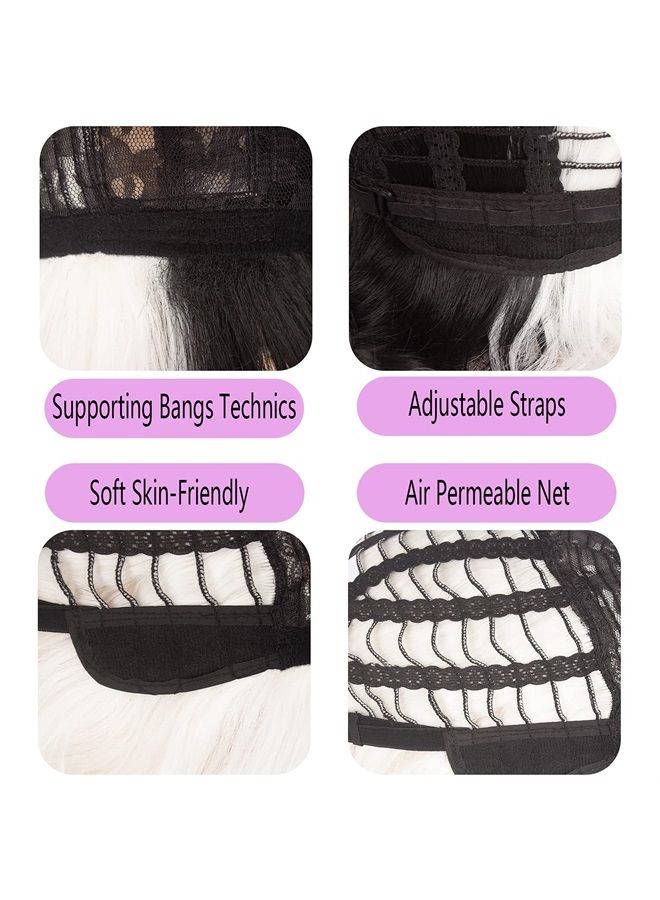 WeKen Black and White Wig for Girls Short Wavy Half Black Half White Wig with Bangs Cruella Deville Costume Women Cosplay Synthetic Wig Daily Party - Image 2