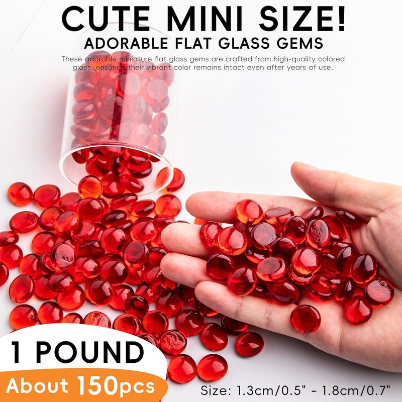 Meschett 1 LB Red Glass Marbles, Mini Flat Glass Beads~150 PCS for Vase Fillers, Floral Bottom Mancala Gems Pebbles Fish Tank Rocks for Table Aquarium,Home Decor Art Craft Supplies(0.5"~0.7") - Image 2
