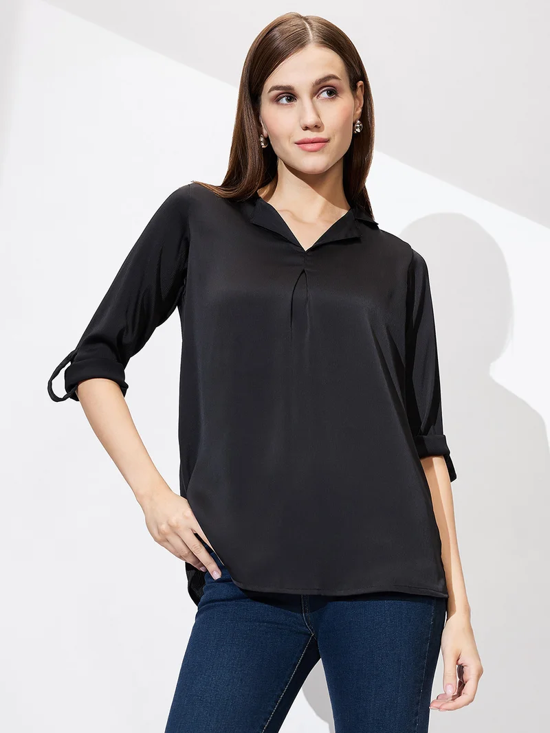 globus Women Cuban Collar Roll Up Sleeves Solid Satin Shirt Style Workwear Top