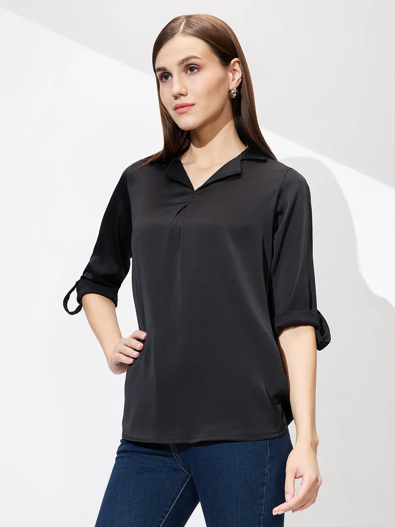 globus Women Cuban Collar Roll Up Sleeves Solid Satin Shirt Style Workwear Top