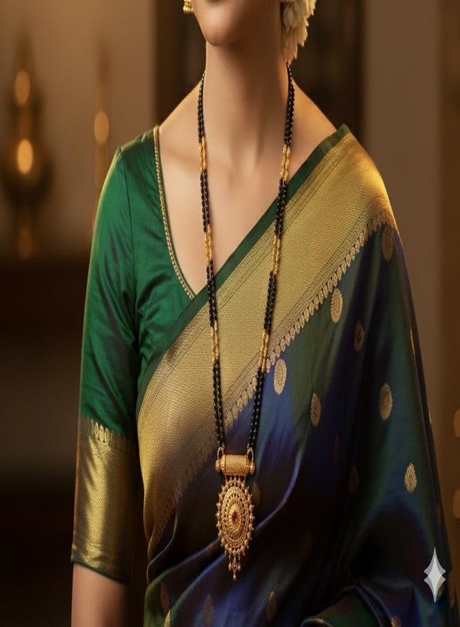 قلادة مانجالسوترا طويلة تقليدية من ولاية ماهاراشترا بطول 34 بوصة من AAIKU، مزينة بقلادة من الياقوت الأحمر على شكل زهرة وأقراط مرصعة | سلسلة خرز سوداء مطلية بالذهب العتيق | مجوهرات زفاف للنساء والفتيات (قلادة 16) - Image 2