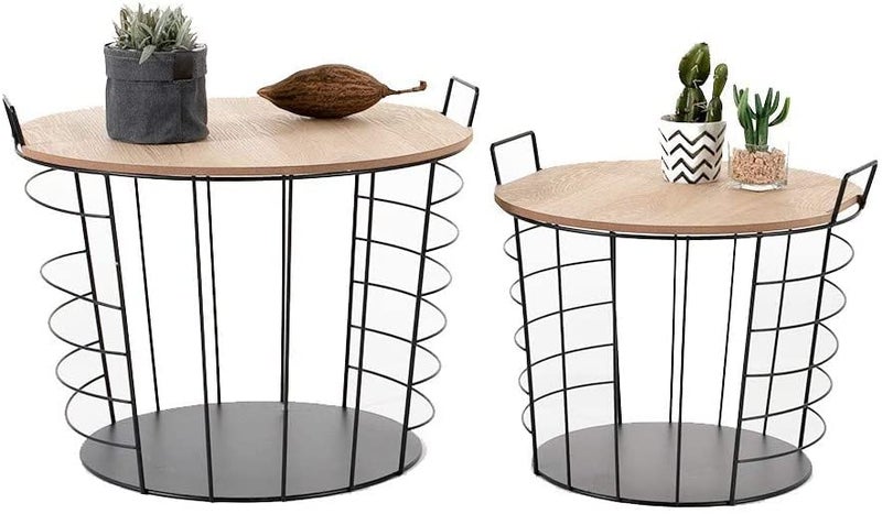 Generic Indian Decor 48342 Nest of 2 Tables with Storage Box Wooden Removable Top Metal Handles Black Wire Round Side Coffee End Tables for Living Room Kitchen  - Image 1