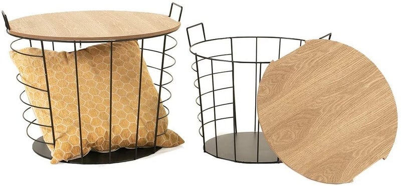 Generic Indian Decor 48342 Nest of 2 Tables with Storage Box Wooden Removable Top Metal Handles Black Wire Round Side Coffee End Tables for Living Room Kitchen  - Image 4