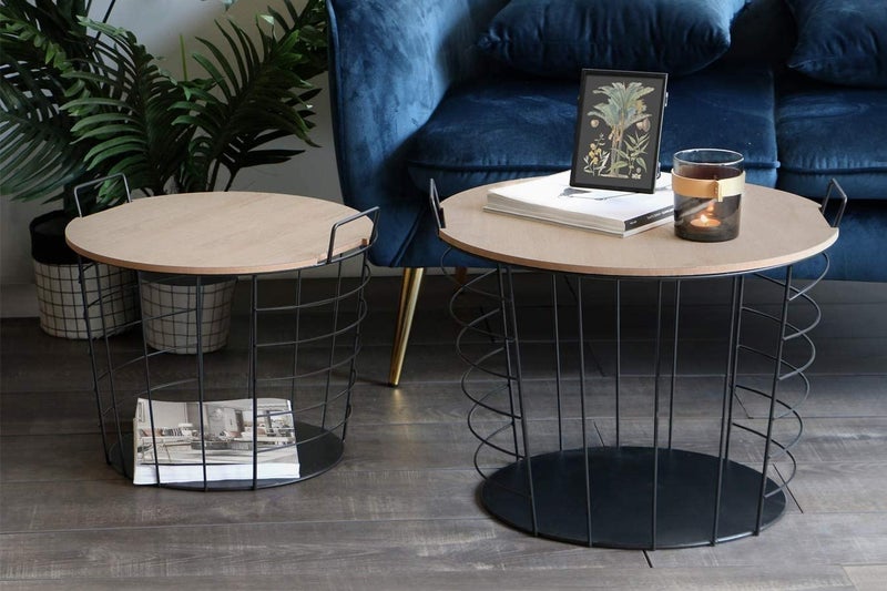 Generic Indian Decor 48342 Nest of 2 Tables with Storage Box Wooden Removable Top Metal Handles Black Wire Round Side Coffee End Tables for Living Room Kitchen  - Image 2