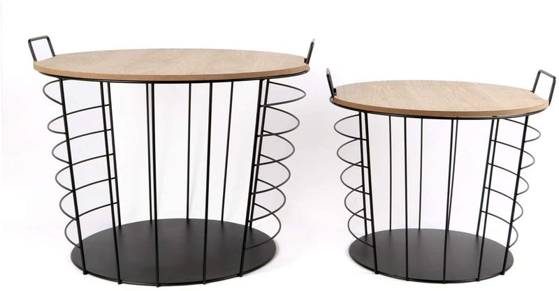 Generic Indian Decor 48342 Nest of 2 Tables with Storage Box Wooden Removable Top Metal Handles Black Wire Round Side Coffee End Tables for Living Room Kitchen  - Image 5