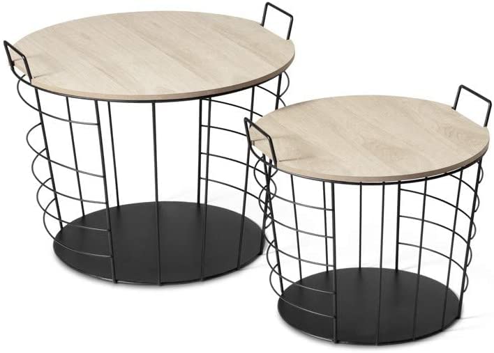 Generic Indian Decor 48342 Nest of 2 Tables with Storage Box Wooden Removable Top Metal Handles Black Wire Round Side Coffee End Tables for Living Room Kitchen  - Image 3