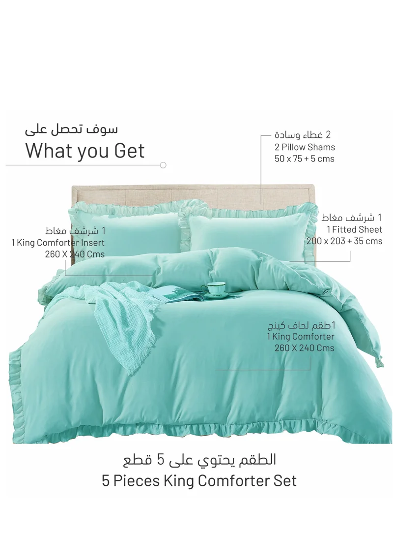 Donetella Comforter Set 5-Pcs King Size Bed Fits(200 x 200 Cm) Bedding With Ruffled Border And Removable Filler,Turquoise