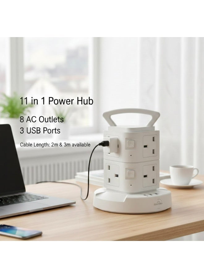 Aurheim Extension cord power strip , 8-Way Tower Socket with 1 USB-C & 2 USB-A Ports, for Office , SURGE PROTECTION , 3M Cord , Multi-Plug Extension Socket with Overload Protection (3 meter cable) - Image 3